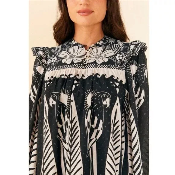 NWT FARM Rio Macaw Elegance Long Sleeve Mini Dress in Black/White - Size Medium - Picture 2 of 6
